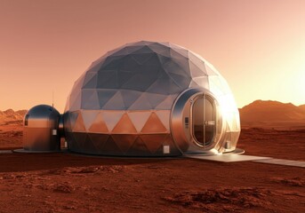 Wall Mural - futuristic geodesic dome housing module standing on the surface of mars at sunset, offering a glimps