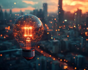 Aufkleber - AI system logo featuring a holographic light bulb and circuit patterns, with a blurred night cityscape background, generative AI design