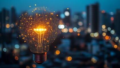 Poster - AI logo with a glowing holographic light bulb and circuit designs, against a blurred night cityscape background, generative AIpowered concept