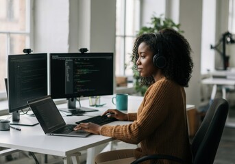 Poster - Young black female software developer concentrating on her laptop, working on code in a bright contemporary office
