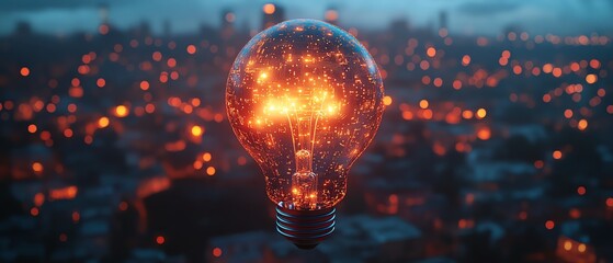 Poster - AI logo with holographic light bulb and circuits, glowing brightly against a blurred nighttime cityscape, generative AI illustration