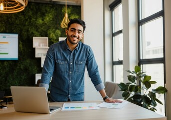 Poster - Portrait of a confident businessman smiling in a modern office, leaning on his desk with a laptop and charts, showcasing professionalism and success