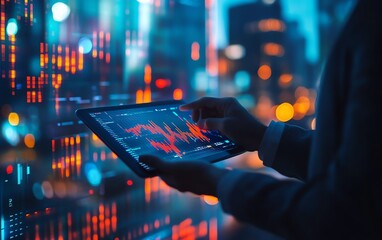 Aufkleber - Businessman holding a tablet with a growth graph, double exposure of cityscape background, business concept for a global business network and stock market exchange, generative AI