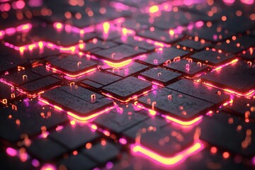 Poster - Navigating a digital maze landscape neon geometry and synthwave aesthetics in a futuristic environment