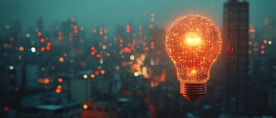 Poster - Digital AI logo featuring a holographic light bulb and circuit designs, set against a softfocus cityscape at night, generative AI art