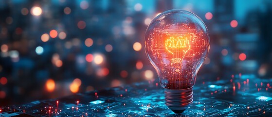 Poster - Digital AI logo featuring a holographic light bulb and circuit designs, set against a softfocus cityscape at night, generative AI art