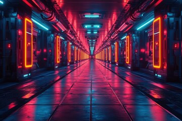 Poster - Exploring a neon geometry digital maze landscape synthwave aesthetics in a futuristic environment