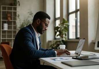 Poster - Businessman working on laptop, analyzing financial data and charts in a bright, modern office space