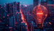 © Nattapat - Digital AI system logo with holographic light bulb and intricate circuit patterns, set against a city skyline at night, generative AI style