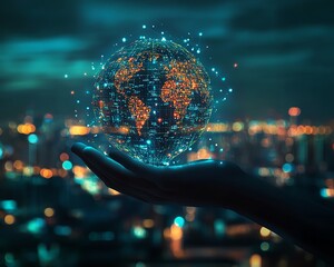 Poster - Digital innovation hand holding a light bulb, with digital interface and global online connection themes, set against a blurred city at night, generative AI concept