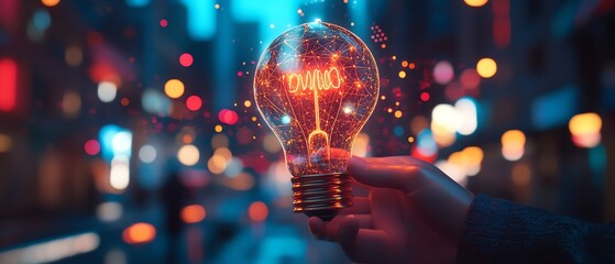 Poster - Digital light bulb hologram with glowing lines and innovation icons, held by a hand in business attire, set against a blurred cityscape at night, generative AI design