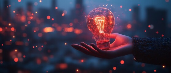 Poster - Digital light bulb hologram with glowing lines and innovation icons, held by a hand in business attire, set against a blurred cityscape at night, generative AI design