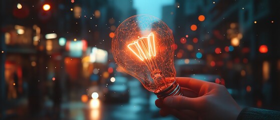 Poster - Digital light bulb hologram with glowing lines and innovation icons, held by a hand in business attire, set against a blurred cityscape at night, generative AI design