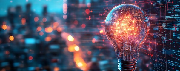 Poster - Futuristic AI system logo with a holographic light bulb and circuit patterns, against a blurred urban cityscape at night, generative AI concept