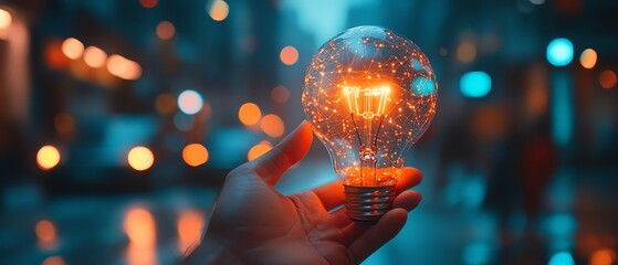 Aufkleber - Futuristic business idea of global online connection, with a hand holding a light bulb and digital interface, set against a blurred city night, generative AI design