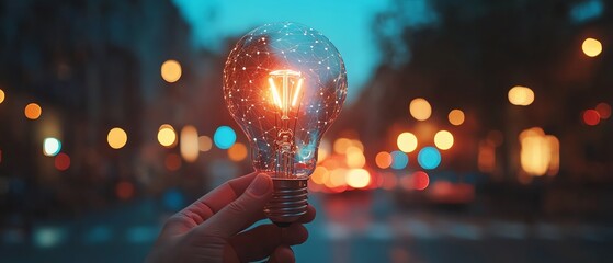 Poster - Futuristic business idea of global online connection, with a hand holding a light bulb and digital interface, set against a blurred city night, generative AI design