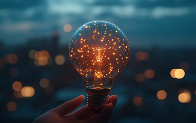 Poster - Futuristic light bulb in hand with digital interface, global online connection concept, blurred city night background, generative AI technologydriven design