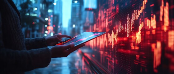Fototapete - Global business network concept with a businessman holding a tablet showing a growth graph, double exposure with cityscape background, stock market exchange, generative AI