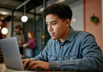Poster - Young latin office worker using laptop, typing on keyboard, developing software or writing code in bright co-working space