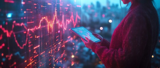Fototapete - Global business network concept with a businessman holding a tablet showing a growth graph, double exposure with cityscape background, stock market exchange, generative AI