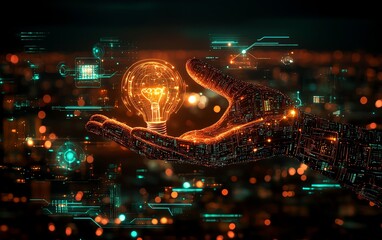 Poster - Global online connection idea with hand holding a light bulb, surrounded by digital interface elements, set in a blurred city night background, generative AI style