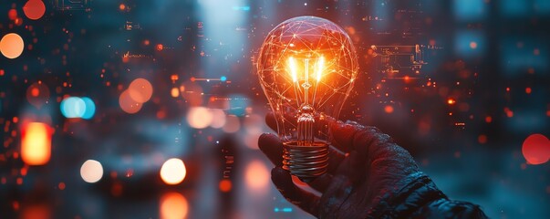 Poster - Hand holding a glowing light bulb with digital interface elements in the background