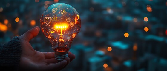 Poster - Hologram of a light bulb glowing with innovation icons, held by a business professional s hand against a blurred city background at night, generative AI concept