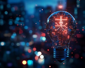 Poster - Holographic light bulb and circuit patterns forming an AI system logo, set against a blurred cityscape at night, futuristic generative AI illustration
