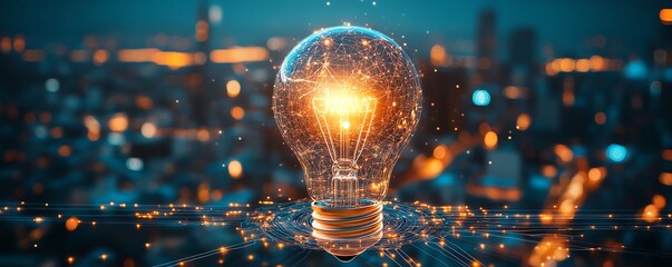 Poster - Holographic light bulb and circuit elements forming an AI logo, with a blurred cityscape at night in the background, generative AI visualization