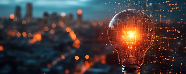 Poster - Holographic light bulb and circuit elements forming an AI logo, with a blurred cityscape at night in the background, generative AI visualization