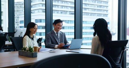 Aufkleber - Japanese, business people and talking for meeting, presentation or proposal in office building. Women, man and teamwork for collaboration, brainstorming and project for financial agency as colleagues