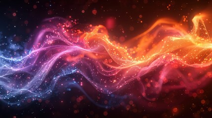 Poster - Colorful waves of light and energy flowing gracefully in a dark background with shimmering particles