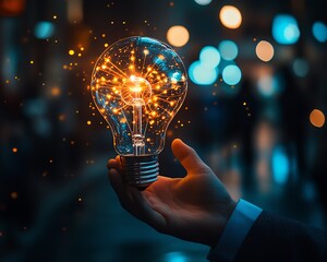 Poster - Holographic light bulb with glowing lines and innovation icons, held by a business professional in attire, set against a blurred night cityscape, generative AI design