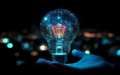 Poster - Innovationfocused light bulb hologram with glowing lines and icons, held by a hand in business attire, with a blurred cityscape at night, generative AI concept