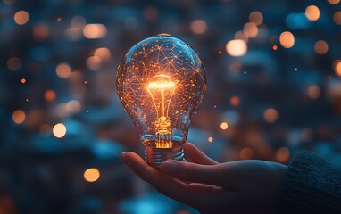 Poster - Innovationfocused light bulb hologram with glowing lines and icons, held by a hand in business attire, with a blurred cityscape at night, generative AI concept