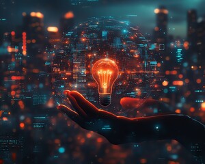 Poster - Technologydriven global connection concept with hand holding a glowing light bulb and digital interface, set against a blurred city night, generative AI design