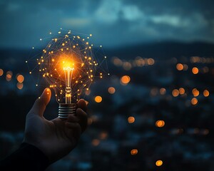 Poster - Technologydriven global connection concept with hand holding a glowing light bulb and digital interface, set against a blurred city night, generative AI design