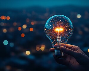 Poster - Business hand holding a holographic light bulb with glowing lines and innovation icons, set against a blurred cityscape at night, generative AI visual