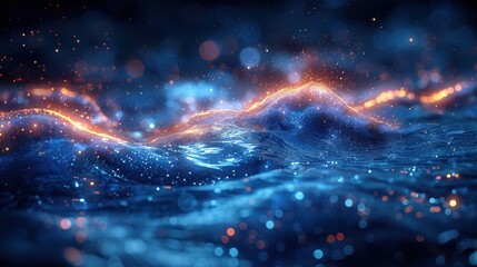 Poster - Vibrant waves illuminated by shimmering lights create a mesmerizing atmosphere at night in a tranquil ocean setting