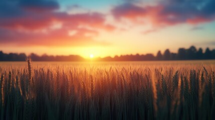 Wall Mural - A serene sunset over a golden wheat field, with vibrant colors blending in the sky and silhouetted trees in the distance.