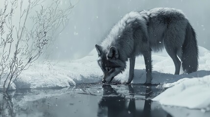 Wall Mural - Wolf Sniffing and Exploring Snowy Terrain While Searching for Food in a Winter Landscape, Capturing the Essence of Wilderness and Survival