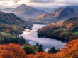 © Bijac - majestic mountains adorned with vibrant autumn foliage, a serene river winding through them, bathed in the soft light of dawn creating a peaceful landscape