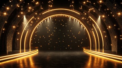 Poster - A black and gold stage with shimmering lights and a glowing arc, perfect for a night of celebrations and awards.