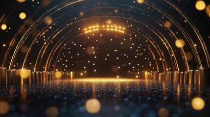 Poster - A black and gold stage with shimmering lights and a glowing arc, perfect for a night of celebrations and awards.