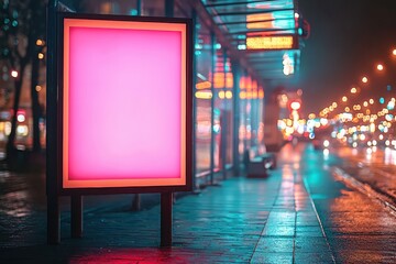 Poster - Illuminated empty white billboard at night urban street scene digital display vibrant city environment captivating visual concept