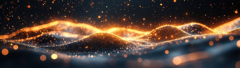 Poster - Illuminated particles flowing through a digital landscape virtual space abstract graphics futuristic environment dynamic perspective