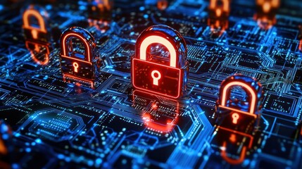 Poster - Digital locks on a circuit board, symbolizing cybersecurity and data protection.