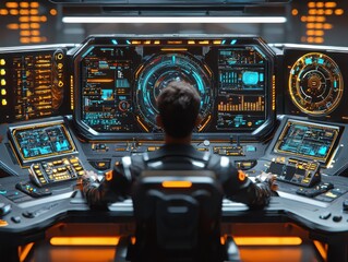 Poster - Futuristic command center navigates floating data streams in high-tech environment for enhanced insights