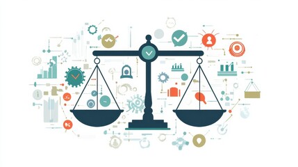 Aufkleber - This artwork features justice scales at the center, surrounded by various icons related to finance, law, and technology. Generative AI