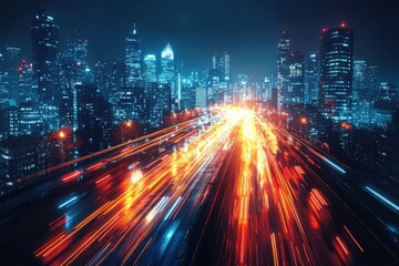 Poster - Futuristic light acceleration effect cyberpunk cityscape digital art urban environment aerial view technology concept